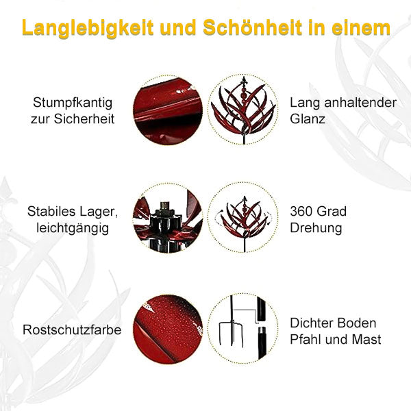 Nahaufnahme der robusten, rotierenden Metall-Wetterfahne. Detailreiche Gartenkunst & Outdoor-Windspiel.