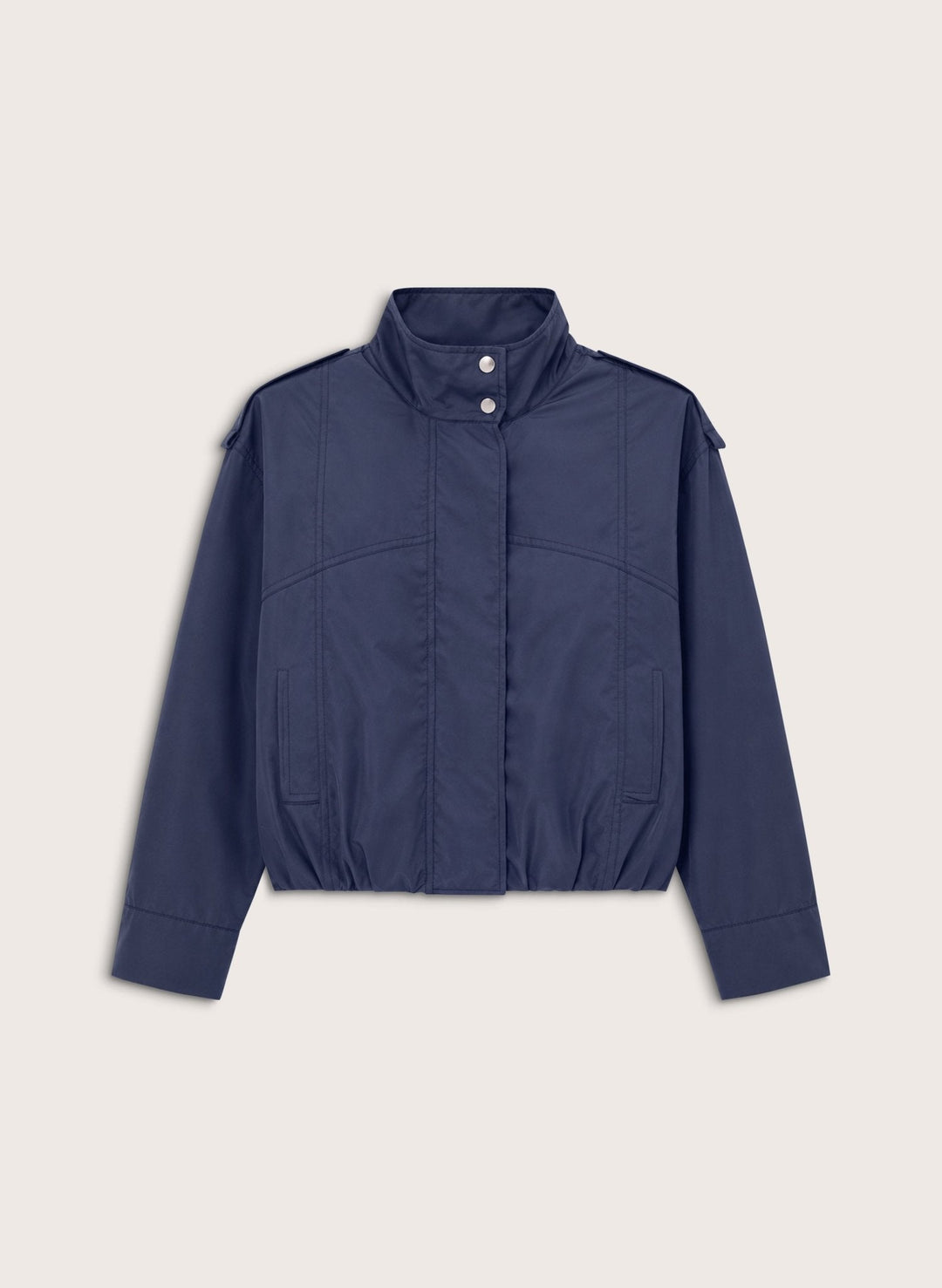Damen Bomberjacke Roxi in tiefem Indigo mit Stehkragen, Reißverschluss und Druckknöpfen. Stylische Übergangsjacke.