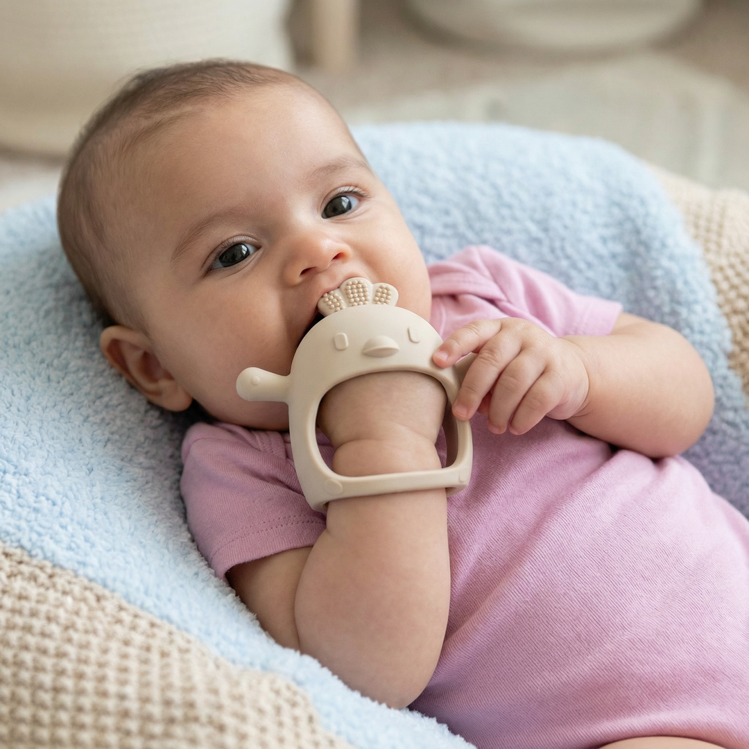 Gelber Küken-Beißring aus lebensmittelechtem Silikon. Ideales Babyzubehör zur Zahnung und als erstes Spielzeug.