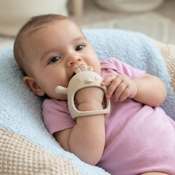 Gelber Küken-Beißring aus lebensmittelechtem Silikon. Ideales Babyzubehör zur Zahnung und als erstes Spielzeug.