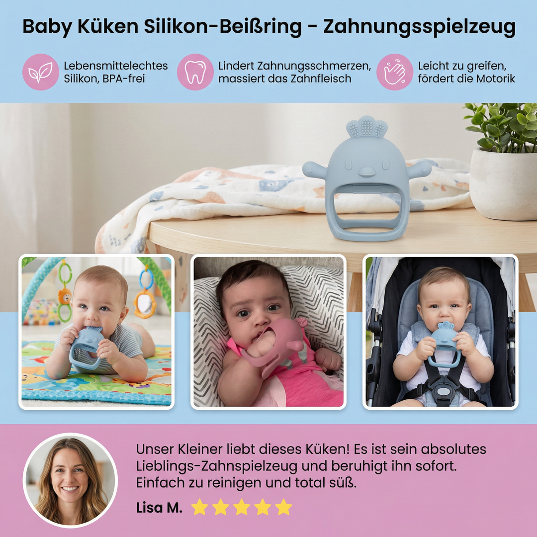 Weicher Silikon-Beißring in Kükenform, sicher für Babys beim Zahnen. Beruhigt Zahnfleisch, tolles Sensorikspielzeug.
