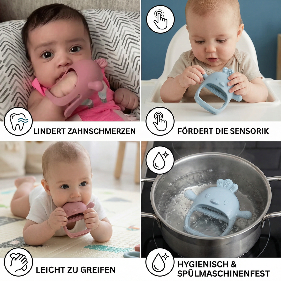 Sanftes Baby-Zahnungsspielzeug in Küken-Design. Hochwertiger Silikonbeißring zur Linderung von Zahnungsschmerzen.