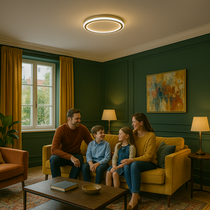 Moderne LED Deckenleuchte, skandinavisches Design, dimmbar für gemütliche Esszimmerbeleuchtung.