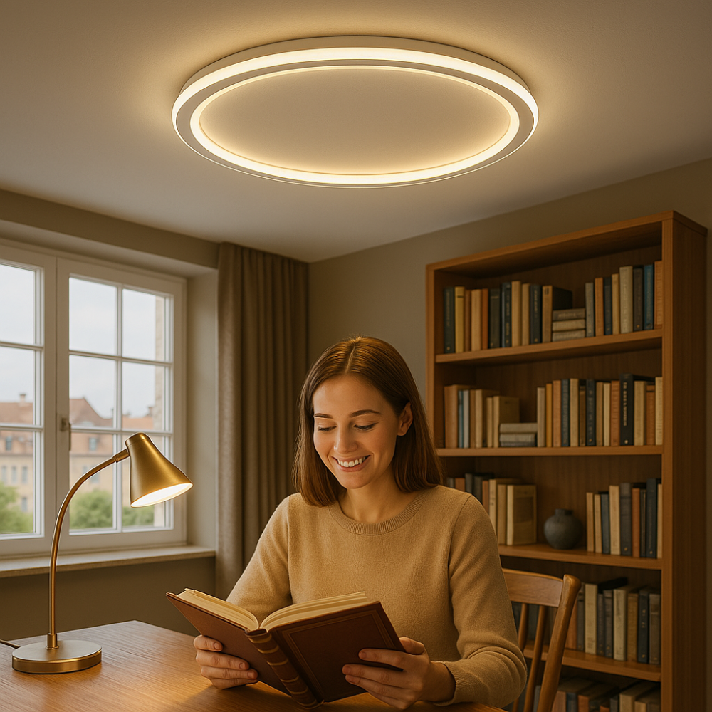Dimmbare LED Deckenleuchte im modernen Skandi-Stil, ideal für atmosphärische Innenbeleuchtung.