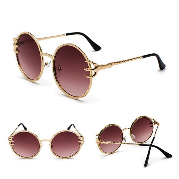 Robuste runde Sonnenbrille mit Totenkopf-Krallen-Verzierung am Rahmen, UV400 Sonnenschutz.