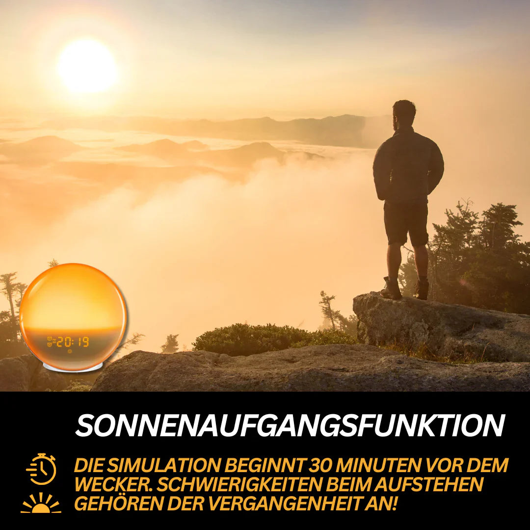 Moderner Lichtwecker mit mehrfarbigem Stimmungslicht und integriertem Radio, ideal für Schlafzimmer.