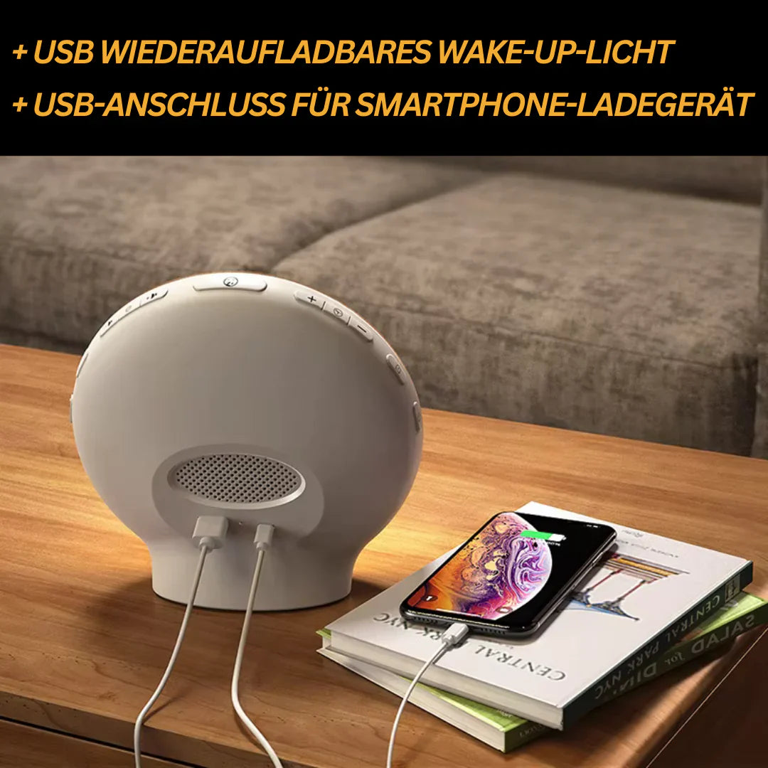 Kompakter, weißer Lichtwecker mit klarem Display und seitlichen Bedienelementen, passt in jedes Schlafzimmer.