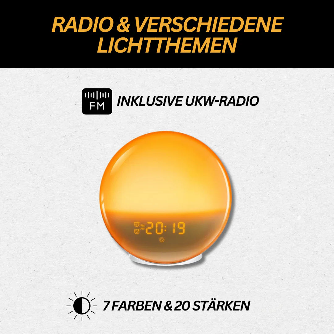 Multifunktionaler Wecker mit FM-Radio, Naturklängen und Lichtfunktion für ein angenehmes Erwachen.