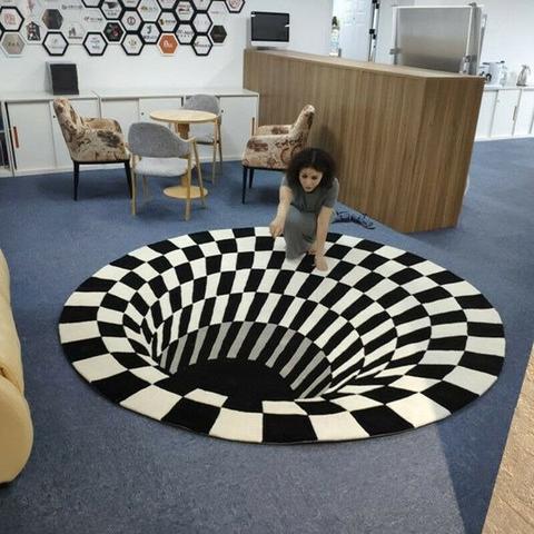 Eleganter schwarz-weißer 3D Illusion Teppich, pflegeleichter runder Vortex Teppich als moderne Wohnzimmer-Deko.