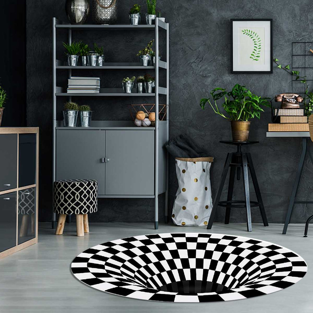 Moderner runder Polyester Teppich mit hypnotischem Vortex-Muster. Erzeugt eine beeindruckende optische Täuschung.