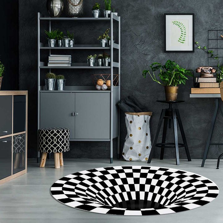 Moderner runder Polyester Teppich mit hypnotischem Vortex-Muster. Erzeugt eine beeindruckende optische Täuschung.