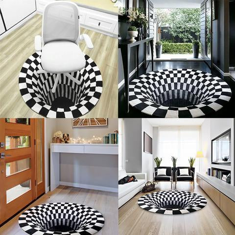 Schwarz-weißer 3D Illusion Teppich für das Wohnzimmer. Der runde Vortex Teppich schafft ein einzigartiges Ambiente.
