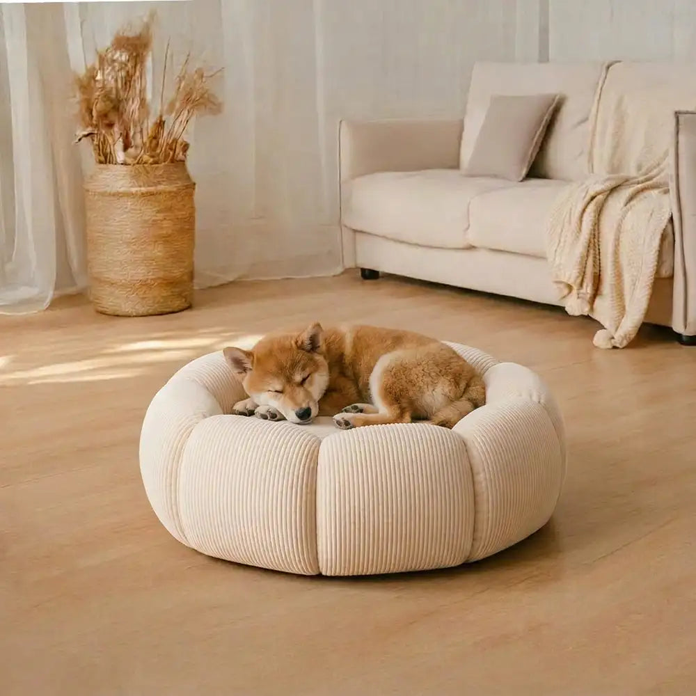 Waschbares, rundes Hundebett in weichem Material. Perfekter, hygienischer Schlafplatz mit Nackenstütze für Tiere.