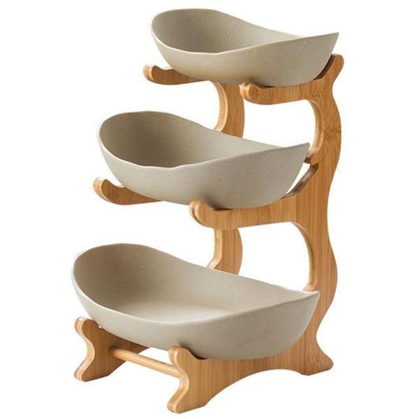 Vielseitiger Etageren-Servierständer aus Holz mit runden Tellern. Perfekt für festliche Anlässe.