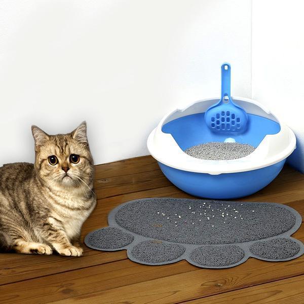 Wasserdichte Schmutzfangmatte mit Pfotendruck für Haustiere. Hält den Fressplatz sauber & schützt Böden.