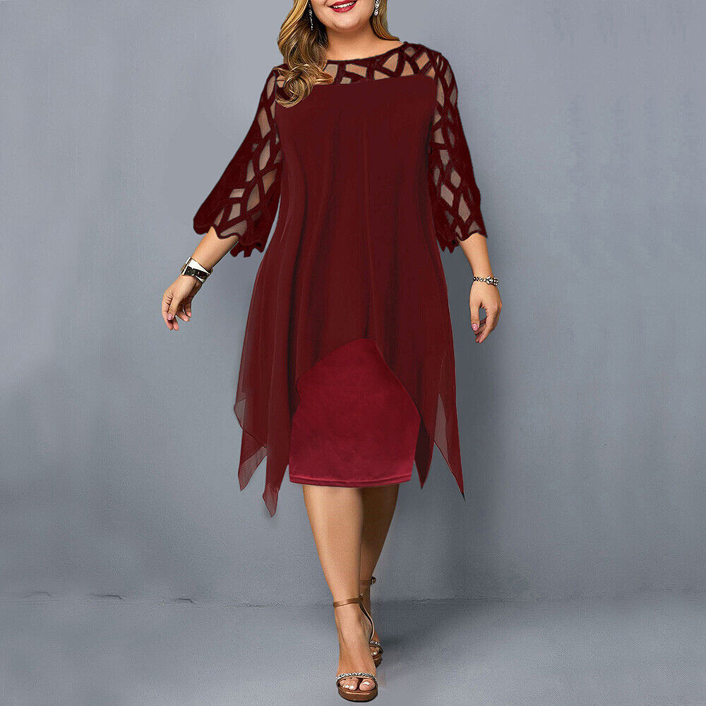 Festliches Abendkleid in Übergröße für Damen; knielanges Midi-Kleid mit eleganten Ärmel-Details.