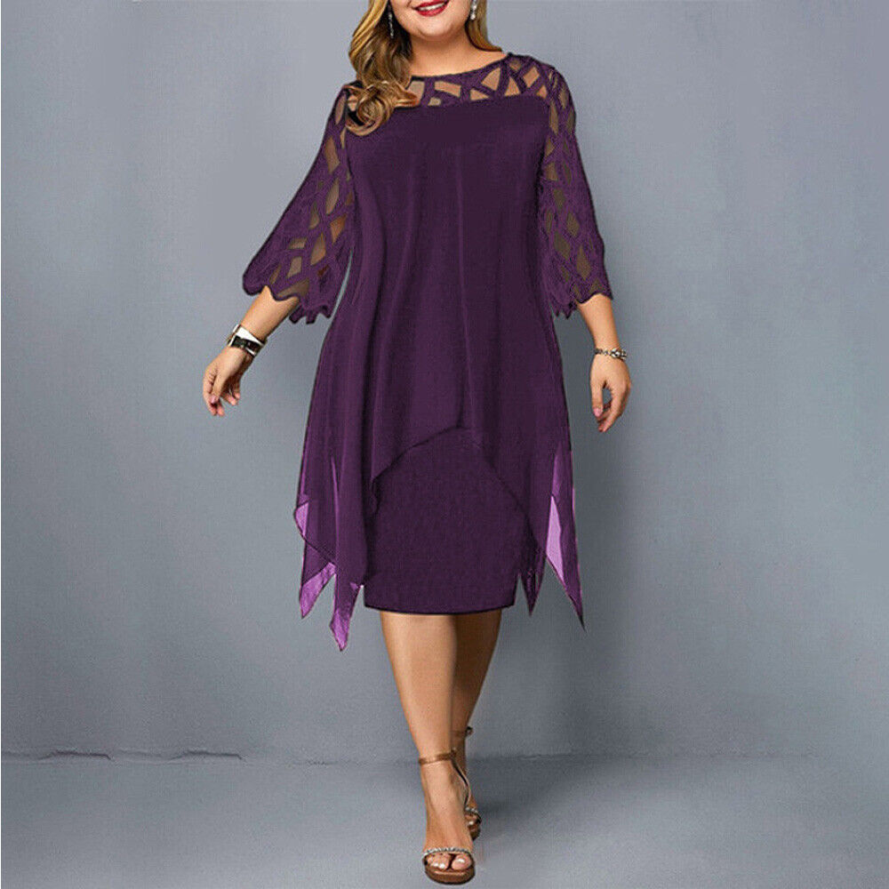 Schickes Plus Size Damenkleid, Midi-Länge, mit eleganten Ärmeln und Rundhalsausschnitt für besondere Anlässe.