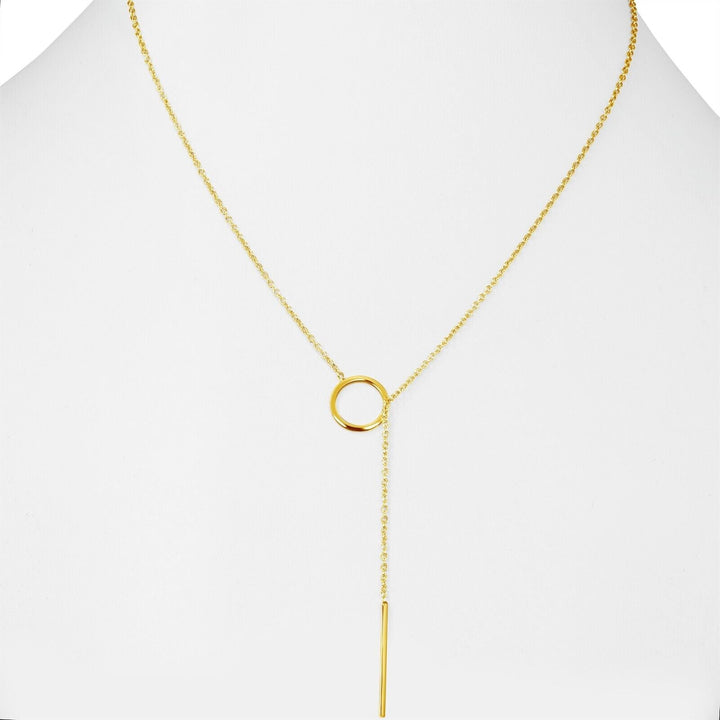 Produktfoto: Lariat-Halskette mit poliertem Barren-Anhänger, Gold, Silber oder Roségold, verstellbar.