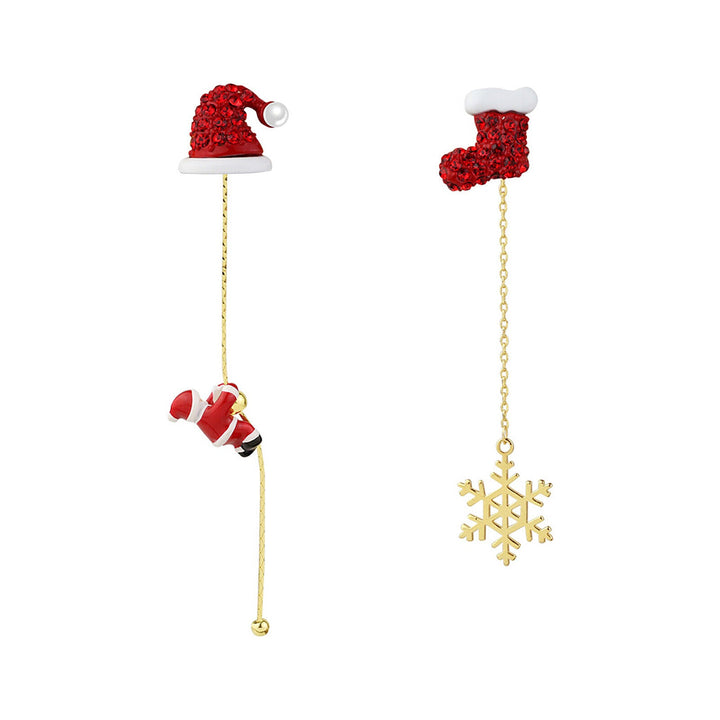 Festliche Quastenohrringe für Damen mit glitzernden Weihnachtsbaum-Anhängern und roten Fransen.