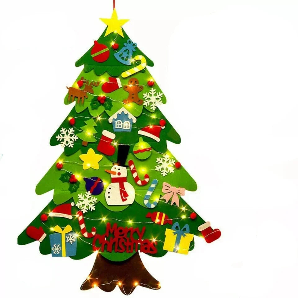 Großer Filz Weihnachtsbaum mit Lichterkette für Kinder; Montessori Spielzeug für kreative Weihnachtsdekoration.