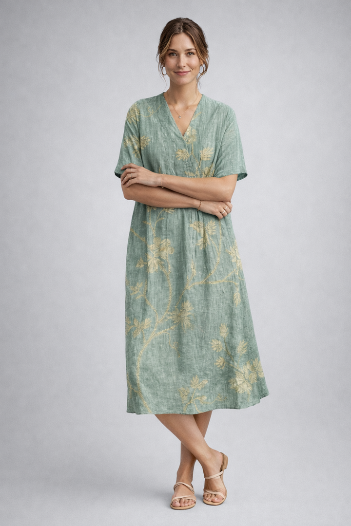 Grünes Damen-Sommerkleid im Boho-Look. Florales Midikleid mit lockerer Passform, perfekt für Urlaub & Freizeit.