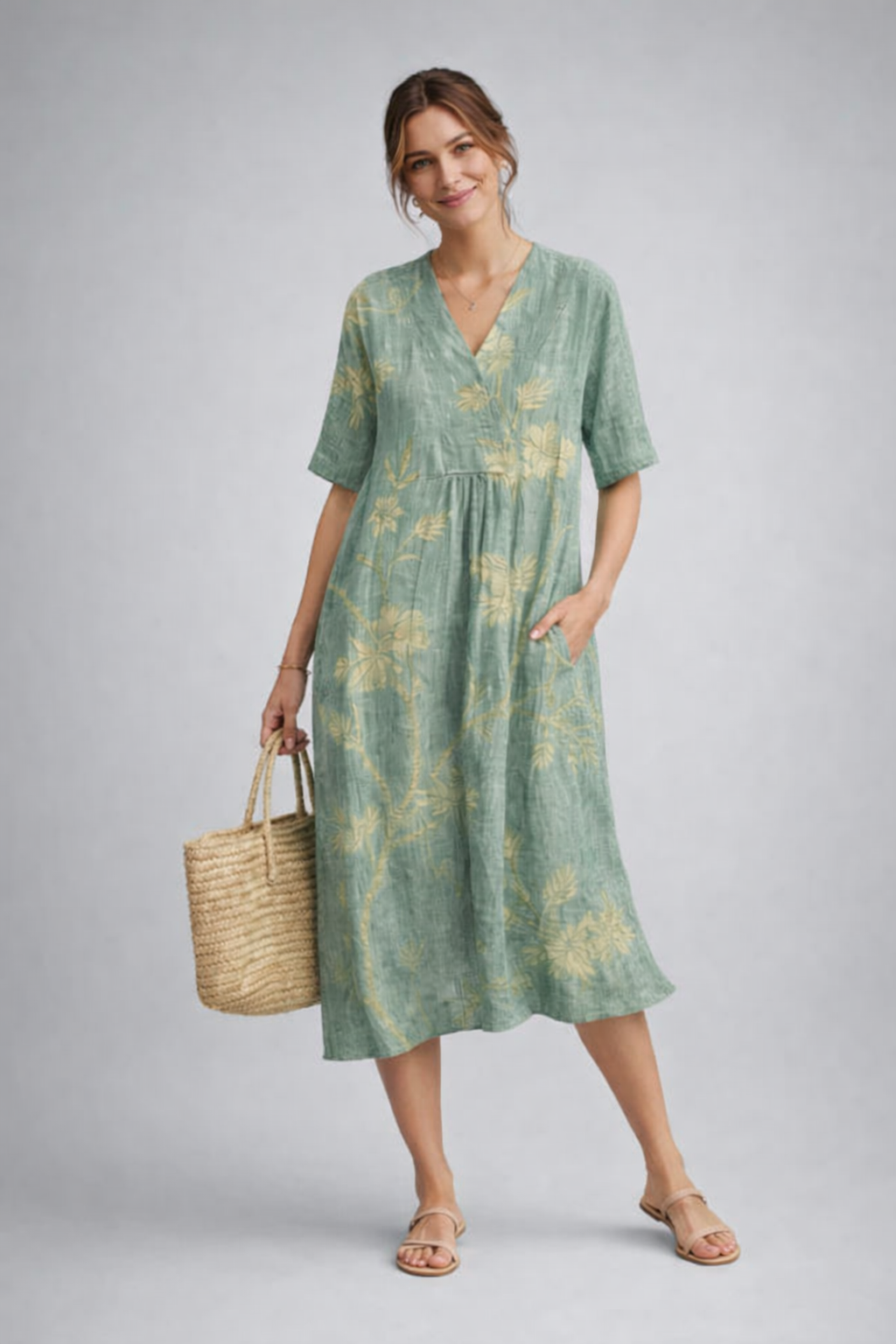 Damen-Strandkleid im Boho-Stil. Grünes florales Midikleid, luftig & locker. Ideal für warme Sommertage.