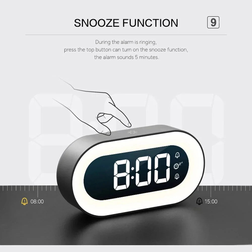 Kompakter Digitalwecker mit sanftem Licht und Nachtlicht, perfekt als Schlafhilfe für Schlafzimmer und als Reisebegleiter.