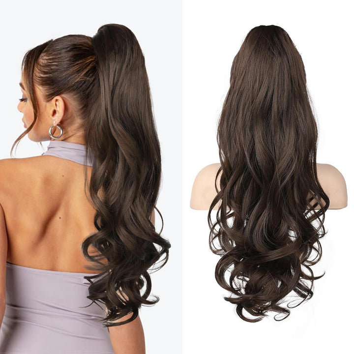 Dunkelbraune 55 cm Pferdeschwanz Haarverlängerung. Clip-in Haarteil für Damen mit Volumen.