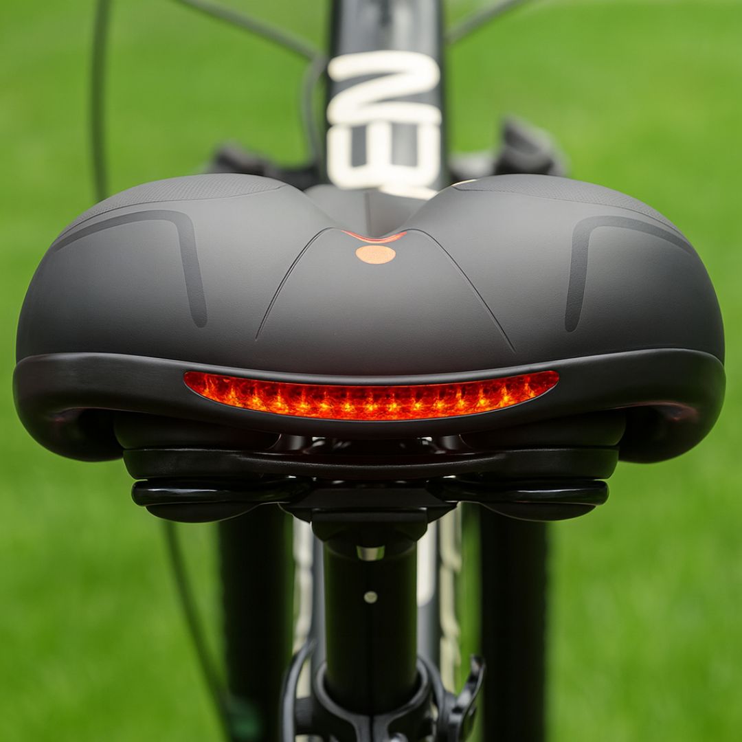 Moderner Fahrradsattel in Schwarz mit Federung. Ergonomisches Design für hohen Fahrkomfort am Fahrrad.