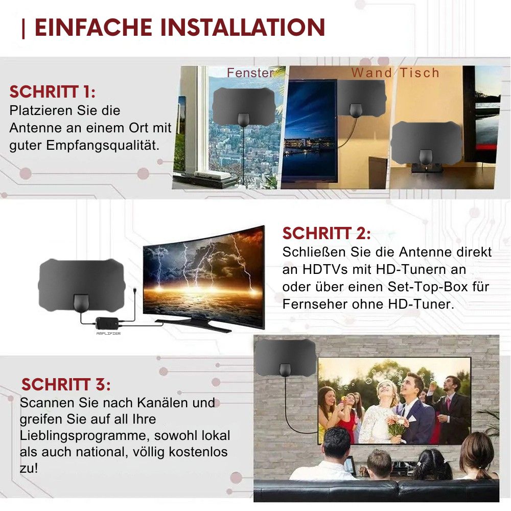 DVB-T2 Indoor Antenne mit aktivem Signalverstärker, optimiert für digitalen HD-Fernsehgenuss.