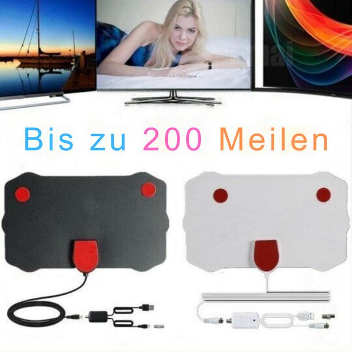 HDTV Zimmerantenne diskret neben dem Fernseher platziert, für stabilen HD-Empfang digitaler Kanäle.