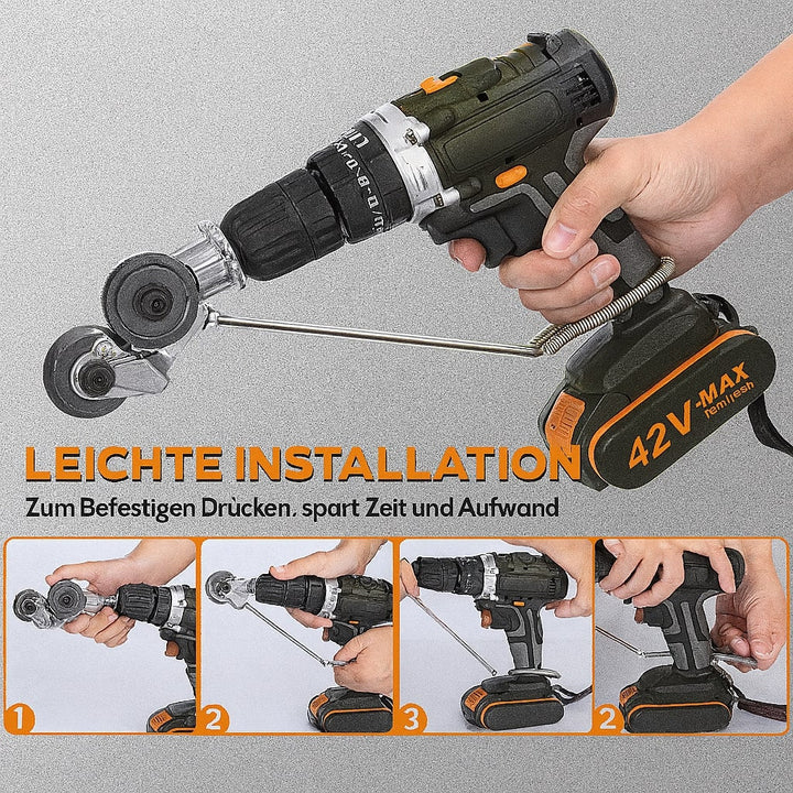Präzisions-Blechschere als Bohrmaschinen-Aufsatz. Für exaktes Schneiden von Blech und Metall.