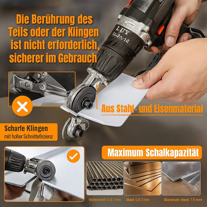 Multifunktionaler Bohrmaschinen-Metallschneider-Aufsatz. Perfekt für diverse Blecharten und Metallbearbeitung.