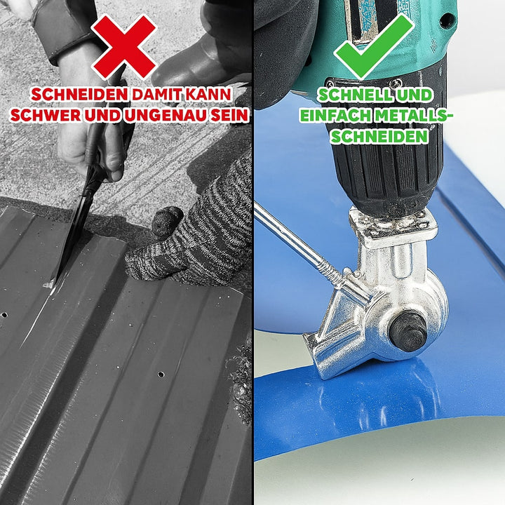 Kompakter Bohrmaschinen-Aufsatz: Metallschere für Blechzuschnitt. Ergonomisch, leistungsstark für Handwerker.