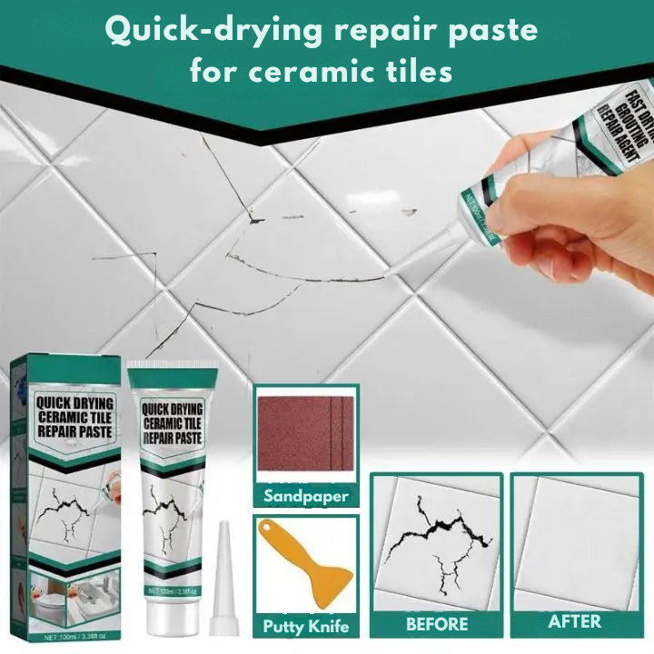 Schnelltrocknende, wasserfeste Fliesen Reparaturpaste für DIY-Reparaturen an Keramik, Porzellan, Marmor in Bad & Küche.