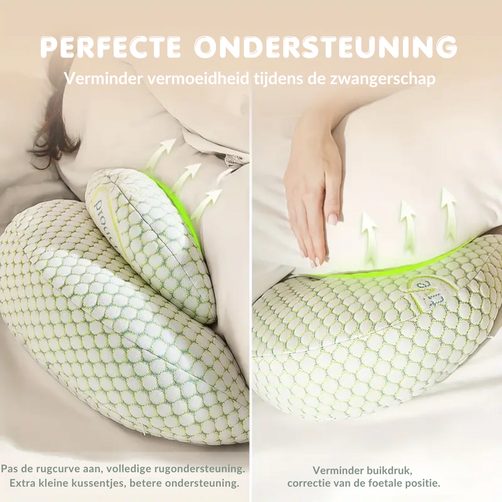 Vielseitiges Schwangerschaftskissen MamaComfort für optimale Unterstützung von Babybauch, Rücken & Beinen.