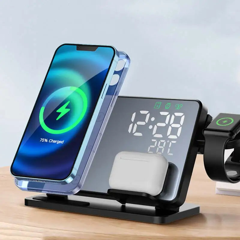 Schwarze 3-in-1 Ladestation mit Schnellladefunktion für Smartphone, Smartwatch und Kopfhörer.
