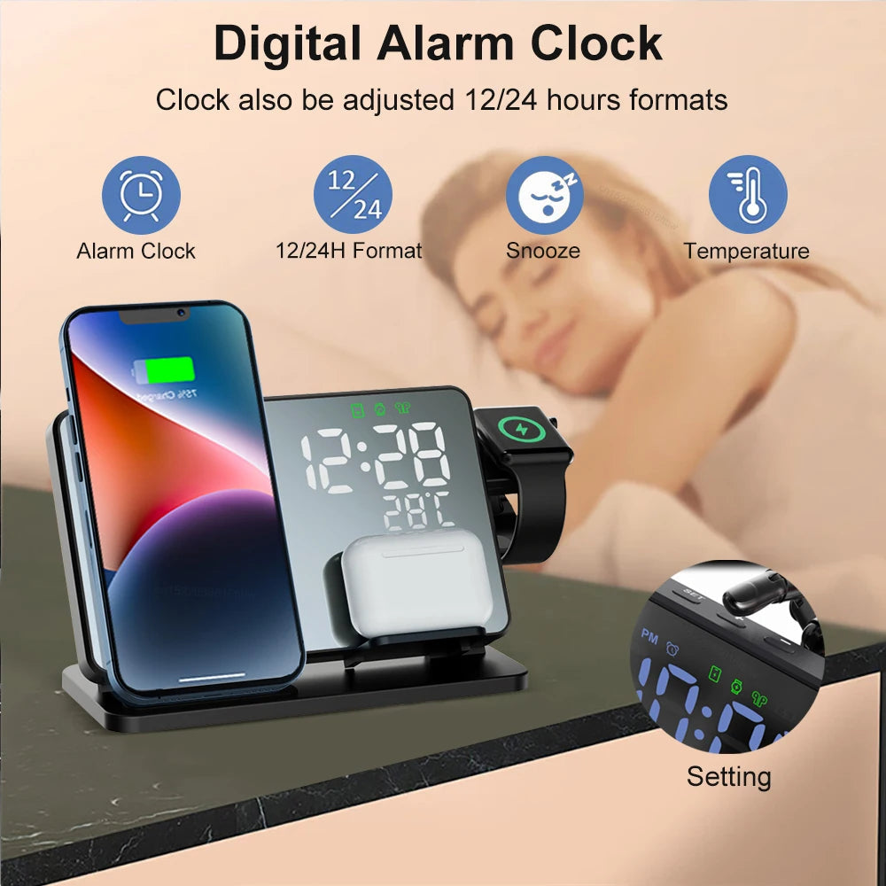 Kabellose Qi Ladestation mit integriertem Wecker, lädt Smartphone, Smartwatch & AirPods schnell.