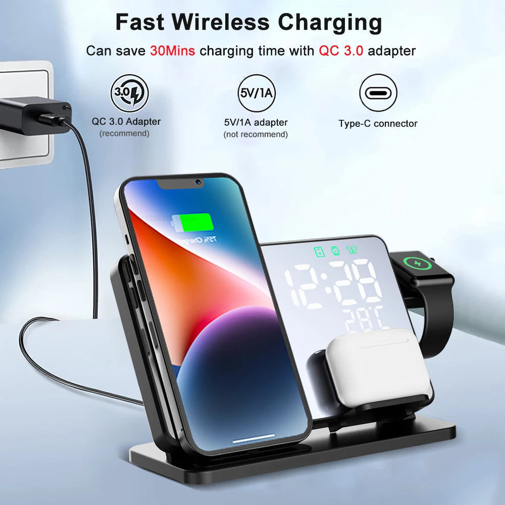 Universal Ladestation für iPhone, Apple Watch und AirPods, mit schneller Ladefunktion und Uhr.