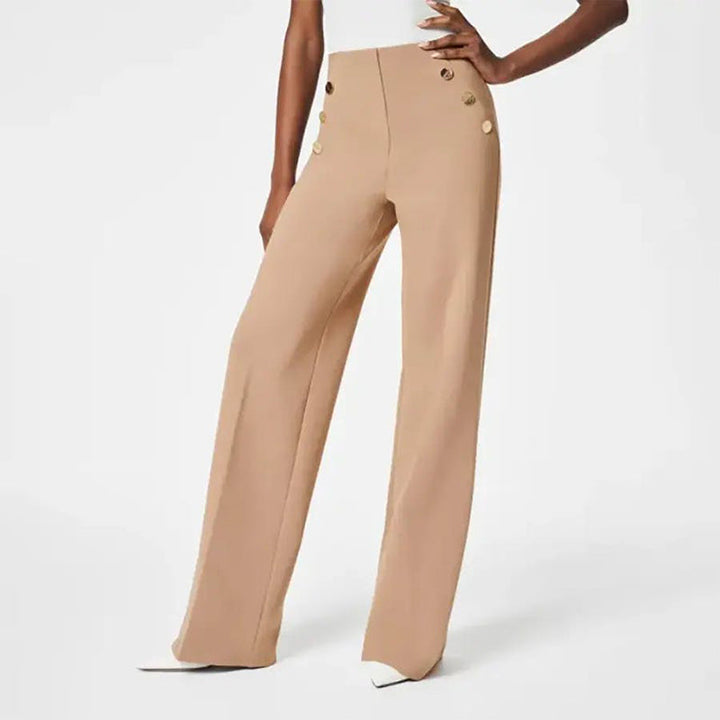 Elegante Toffee Damenhose, High Waist Schlaghose, weites Bein, Po-Lift, stretch für optimalen Komfort.