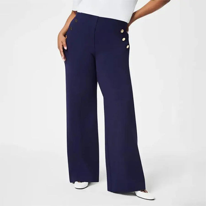 Blaue Damenhose Schlaghose, High Waist, weites Bein, Po-Lift Effekt, modisch, stretch, elegant.