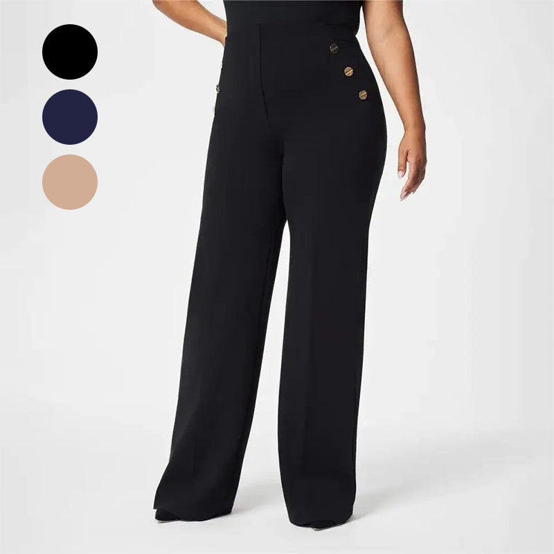 Komfortable Damenhose Blau, High Waist Schlaghose, weites Bein, formender Po-Lift, stretch.