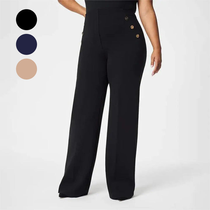 Komfortable Damenhose Blau, High Waist Schlaghose, weites Bein, formender Po-Lift, stretch.