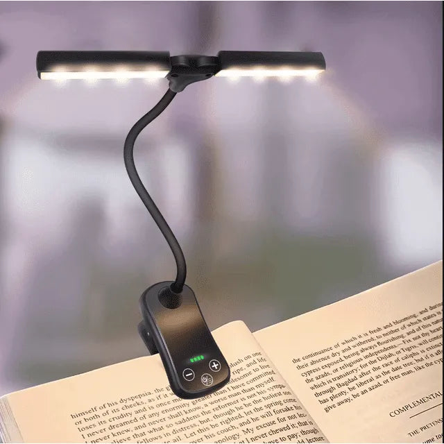 Schwarze, dimmbare, augenschonende LED-Buchlampe mit Klemme, wiederaufladbar. Ideal als Leselampe oder Bettlampe.