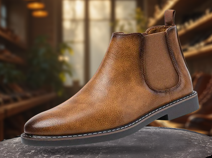 Detailaufnahme: Schwarze Herren Chelsea Boots mit robustem Gummizug und Schlaufe, bequeme Stiefel.