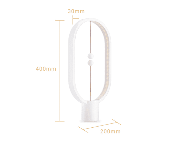 Schwarze LED Balance Lampe im eingeschalteten Zustand, mit leuchtendem Magnet-Schalter und hellem Licht.