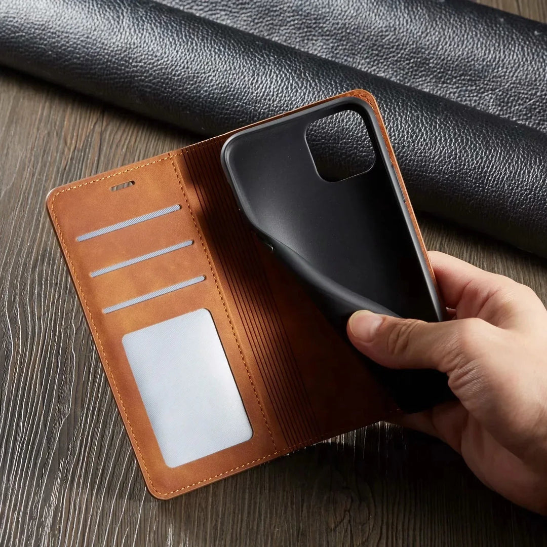 Premium Lederhülle für iPhone mit Magnetverschluss, stoßfest für optimalen Schutz und stilvolles Design.