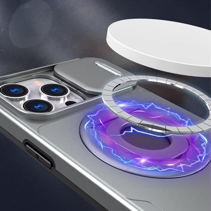 Schwarze, stoßfeste iPhone Handyhülle mit integriertem Ständer & Magnetfunktion für iPhone 15, 14.