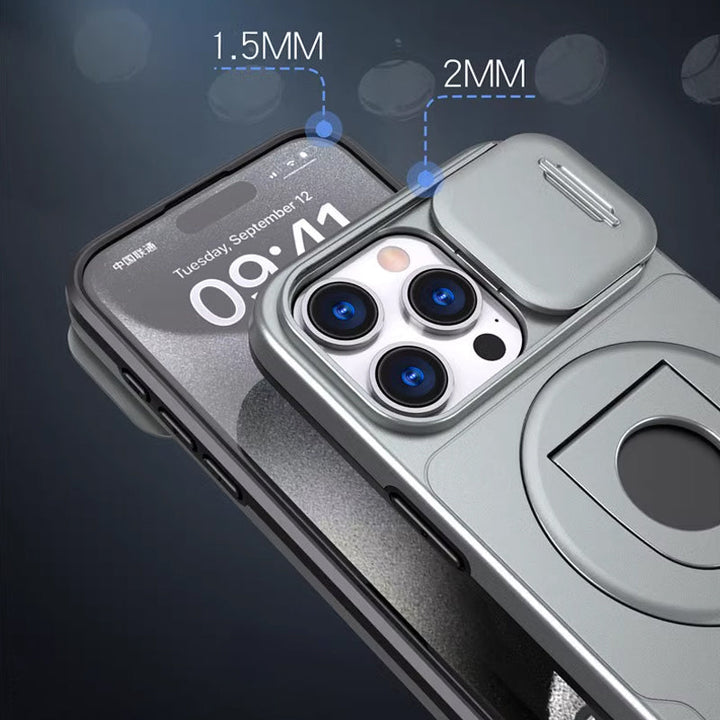 Magnetische iPhone Hülle in Schwarz, stoßfest, mit praktischem Ständer für Videos & Freisprech.