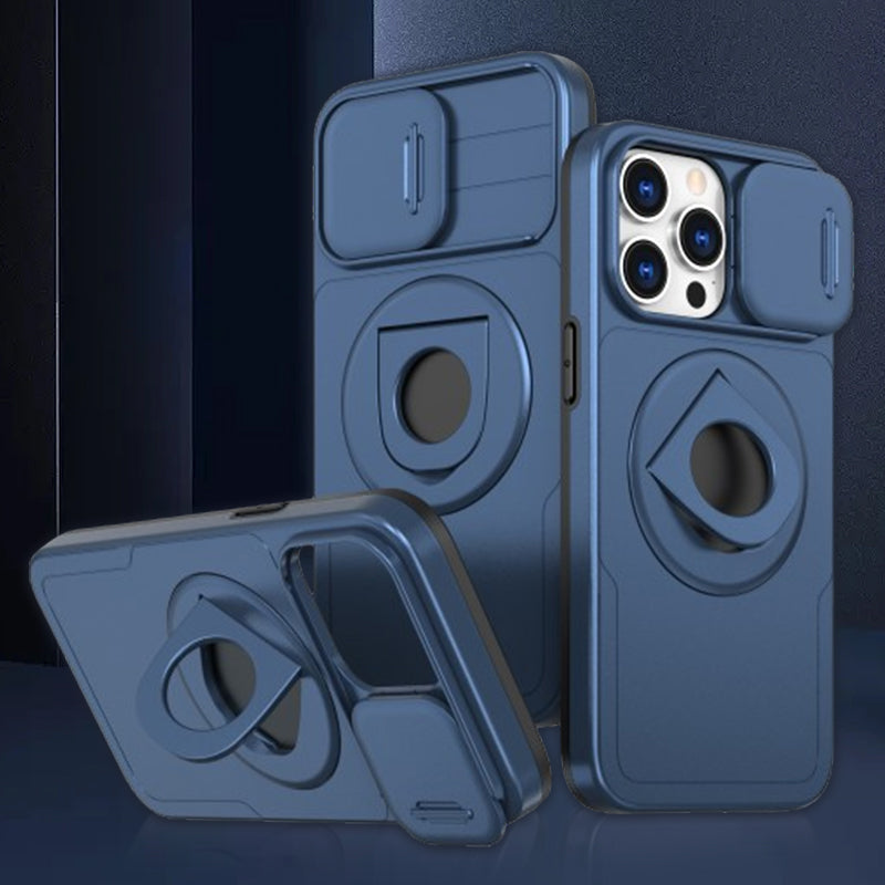 Handyschutz: Stoßfeste iPhone Hülle mit integriertem Ständer & Magnet, schwarz, robust & sicher.
